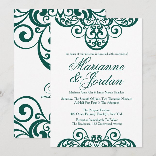 Gleaming Emerald Green Verziert Wedding Einladunge Einladung (Vorne/Hinten)
