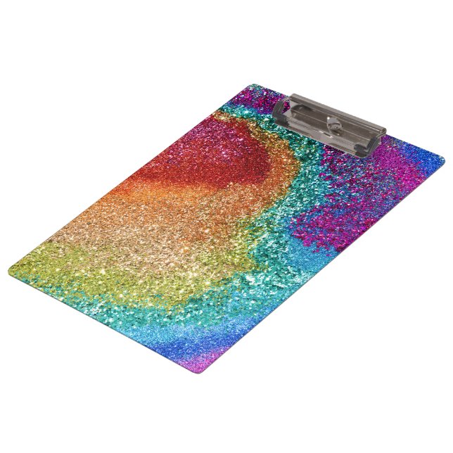 Gleaming Rainbow Glitzer Swirl Klemmbrett (Schrägansicht)