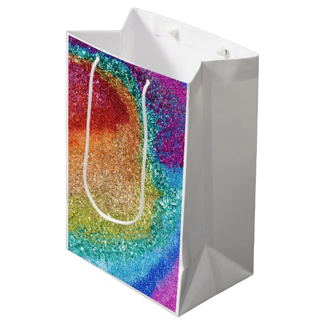 Gleaming Rainbow Glitzer Swirl Mittlere Geschenktüte (Vorderseite Schrägansicht)