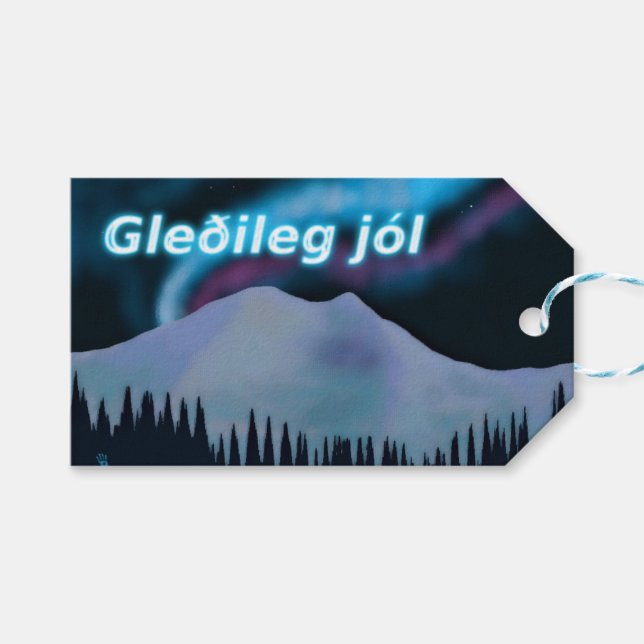 Gleðileg Jól - Blue Aurora Geschenkanhänger (Vorderseite (Horizontal))