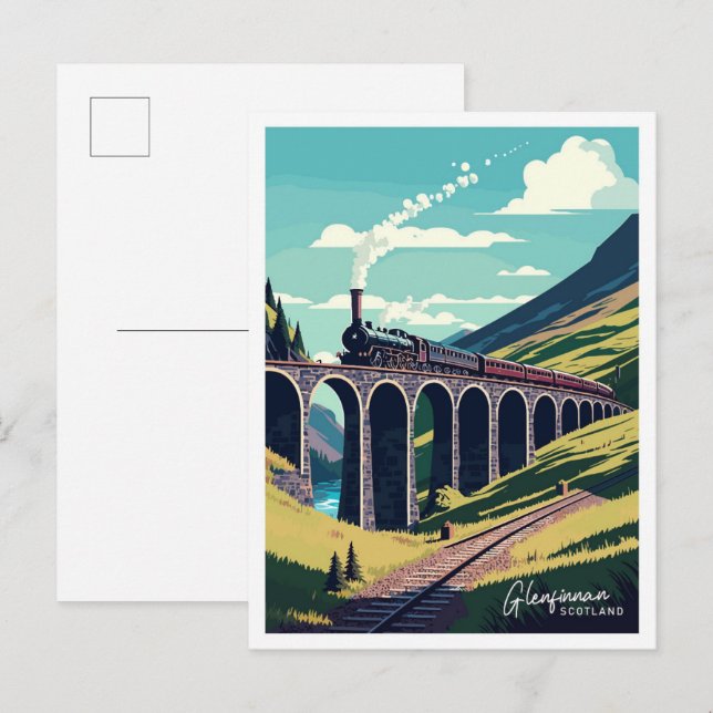Glenfinnan Scotland Travel Vintage Illustration Postkarte (Vorne/Hinten)