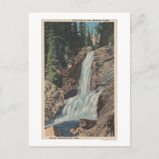 Gletscher, MT - Ansicht von Trick Falls & Medicine Postkarte (Vorderseite)
