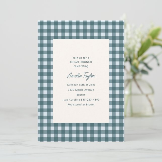 Gletscherblau Gingham Vorhochzeitsfeier Brunch Einladung (Stehend Vorderseite)