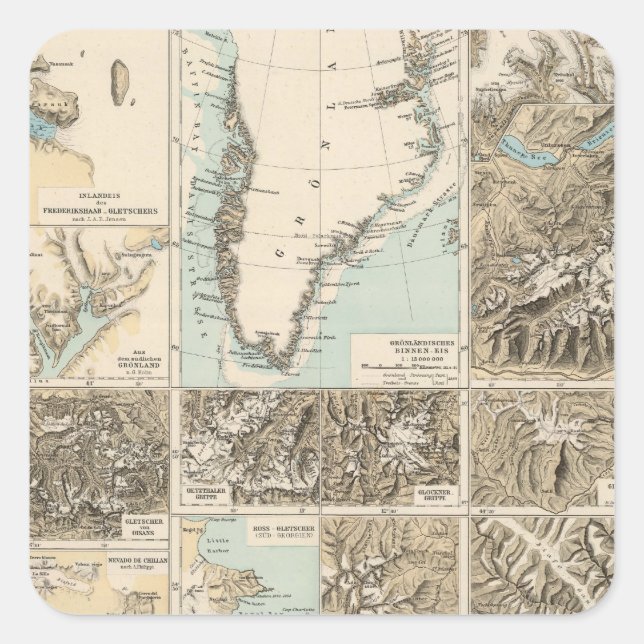 Gletscherkar te - Glacier Atlas Map Quadratischer Aufkleber (Vorderseite)