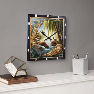 Gliding Geese Rustic River Quadratische Wanduhr