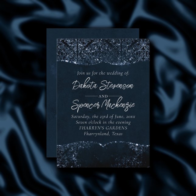 Glimmery Navy Grunge | Dark Sapphire Blue Damask Einladung (Von Creator hochgeladen)