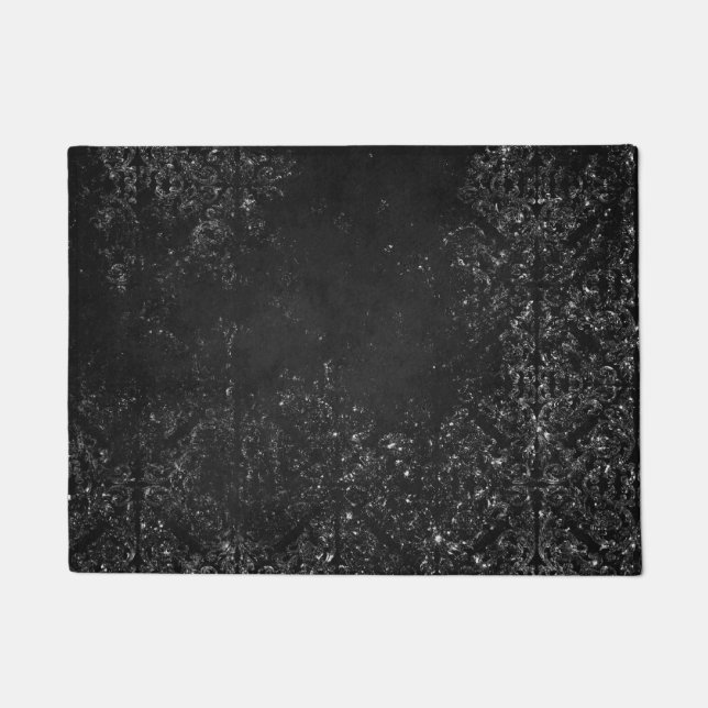 Glimmery Onyx Grunge | Silvery Black Glam Damask Fußmatte (Vorderseite)