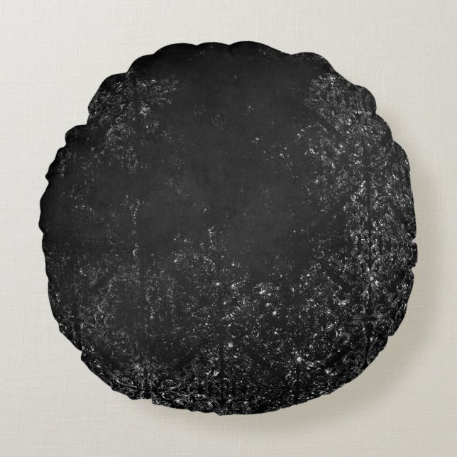 Glimmery Onyx Grunge | Silvery Black Glam Damask Rundes Kissen (Vorderseite)