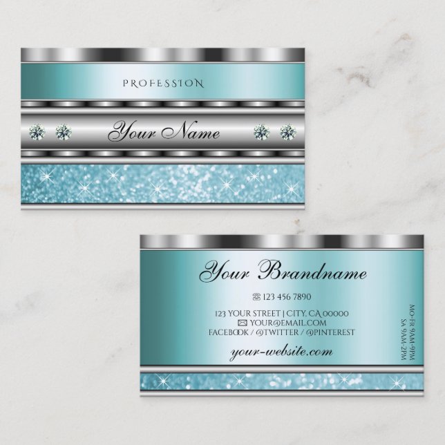 Glimmery Silver Sparkling Aquamariner Glitzer Diam Visitenkarte (Vorne/Hinten)