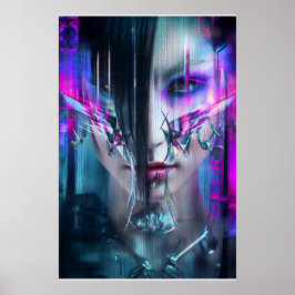 Glitch Cyberpunk Face Neon Distortion Portrait Poster