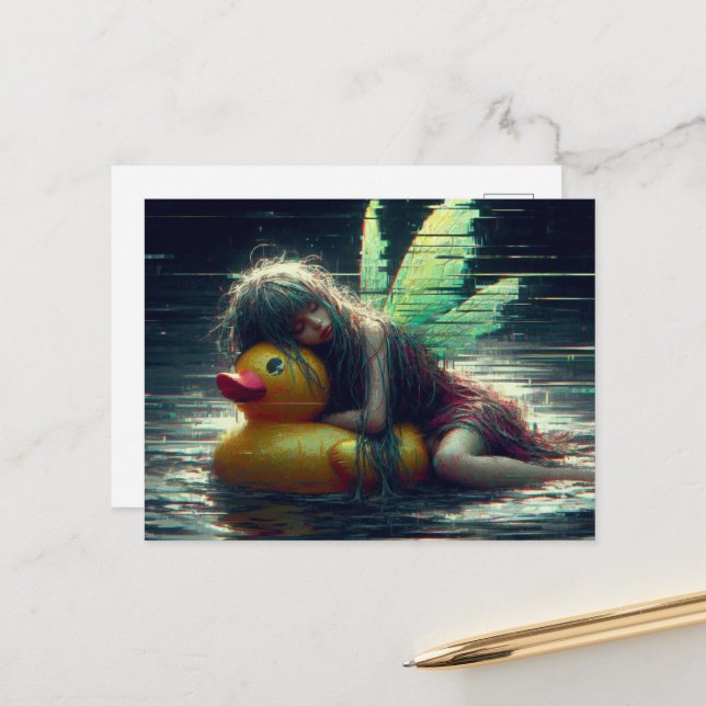 Glitch Fairy schläft auf einem Entenpool Schwimmba Postkarte (Vorderseite/Rückseite Beispiel)
