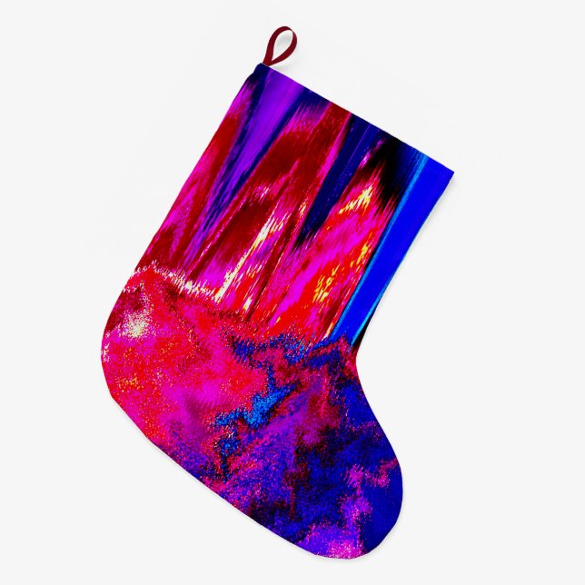 Glitch Rot und Blau Großer Weihnachtsstrumpf (Vorderansicht (hängend))