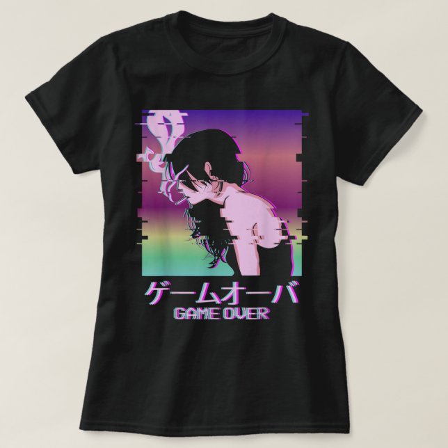 Glitch Vaporwave Anime Game Over Art T-Shirt (Design vorne)