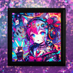 Glitchcore Erinnerungskiste<br><div class="desc">Anime glitchcore Girl, das ein Friedenszeichen mit Kopfhörern, musikalischen Noten und Fuchsohren farbenfroh lila, rosa, blau und schwarz ai art gibt.</div>