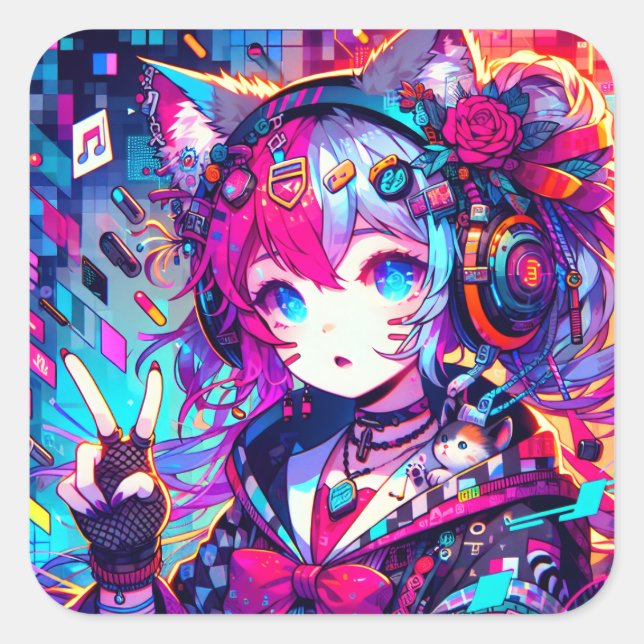 Glitchcore Farbenspiel Quadratischer Aufkleber (Vorderseite)