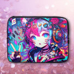 Glitchcore Laptopschutzhülle<br><div class="desc">Anime glitchcore Girl,  das ein Friedenszeichen mit Kopfhörern,  musikalischen Noten und Fuchsohren farbenfroh lila,  rosa,  blau und schwarz ai art gibt.</div>