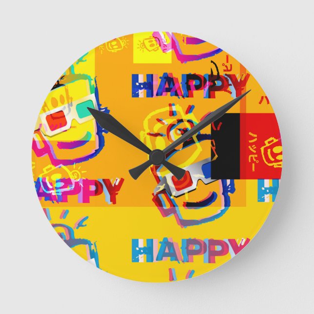 GLITCHED HAPPY Kissen Runde Wanduhr (Vorderseite)