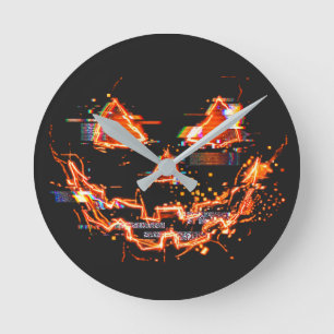 Glitchy Neon-Kürbis Cyberpunk-Halloween Runde Wanduhr