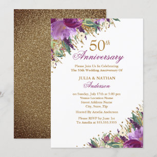 Glitter Amethyst Lila Floral 50. Jubiläum Einladung