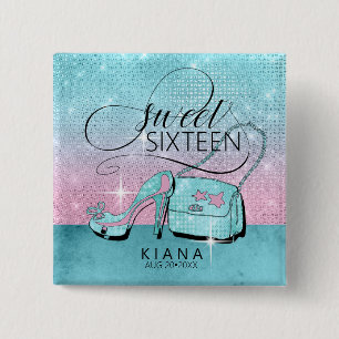 Glitter and Shine Sweet 16 V2 Teal/Pink ID675 Button
