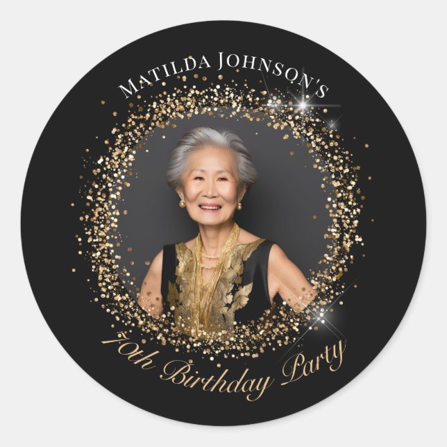 Glitter Black Gold 70th Birthday Party Runder Aufkleber (Vorderseite)