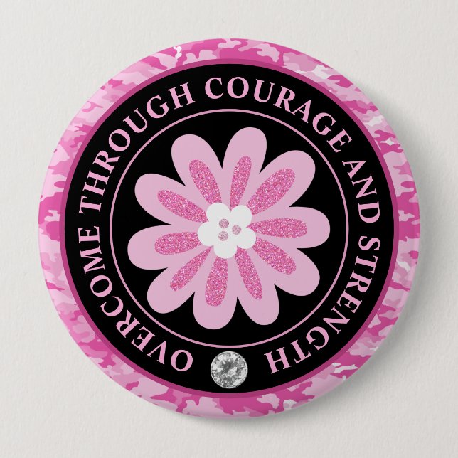 Glitter-Blumen-Tarnung Brustkrebs-Bewusstsein Button (Vorderseite)