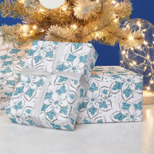 Glitter-Blumenmuster in Weiß und Indigo Geschenkpapier