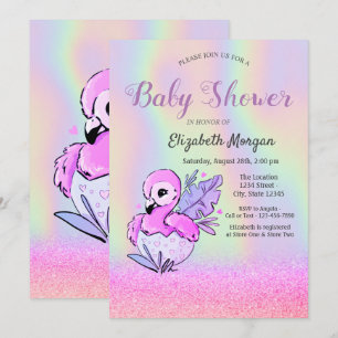 Glitter Bokeh, Flamingo, Holografische Babyparty I Einladung