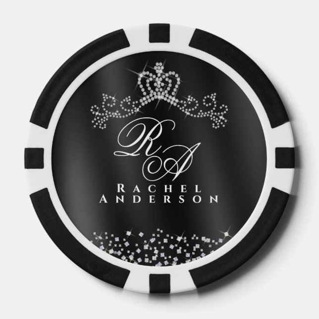 Glitter Crown Monogram Black Pokerchips (Vorderseite)