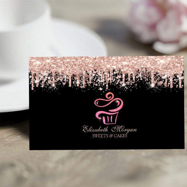 Glitter Cupcake Rose Gold Drips Bakery Black  Visitenkarte (Von Creator hochgeladen)