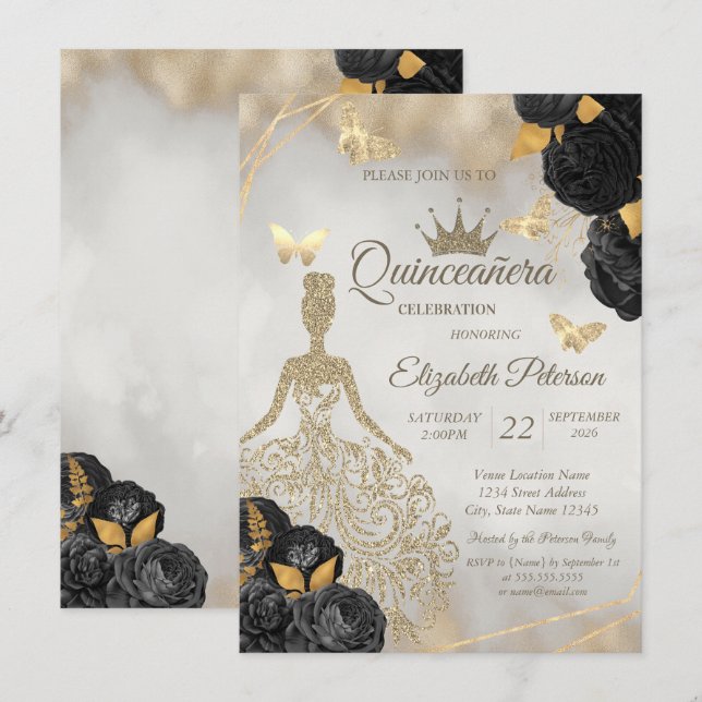 Glitter Dress,Butterfly Black Roses Quinceañera Einladung (Vorne/Hinten)