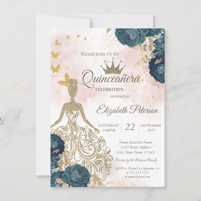 Glitter Dress,Gold Butterflies Green Roses 15th  Einladung (Vorderseite)