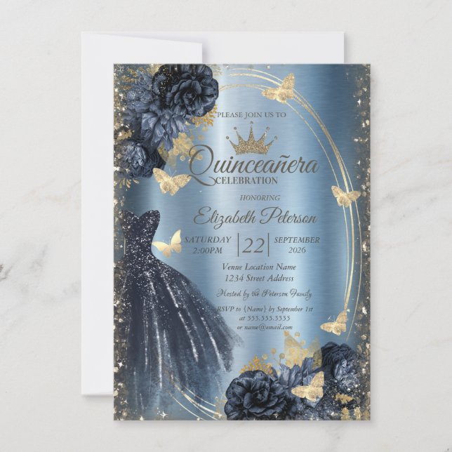 Glitter Dress,Roses,Butterflies Blue Metallic Einladung (Vorderseite)