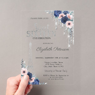 Glitter Drip, Eiffelturm Blaue Rosen Sweet 16 Acryleinladungen