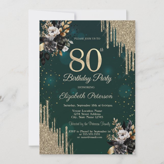 Glitter Drips Black Roses Green 80th Birthday  Einladung (Vorderseite)