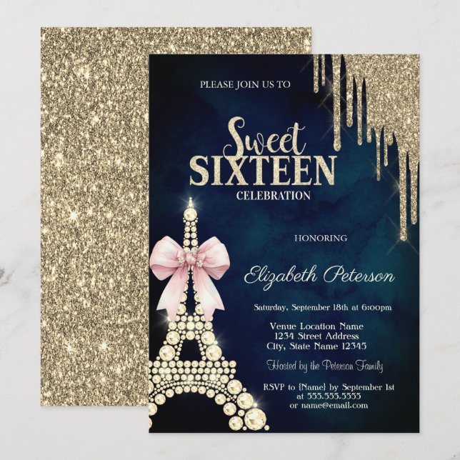 Glitter Drips,Eiffel Tower Bow Navy Blue Sweet 16  Einladung (Vorne/Hinten)