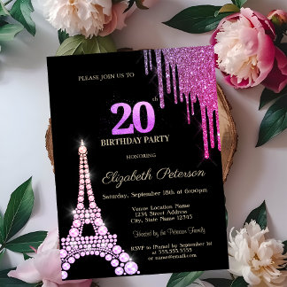 Glitter Drips, Eiffelturm-Diamanten 20. Geburtstag Einladung