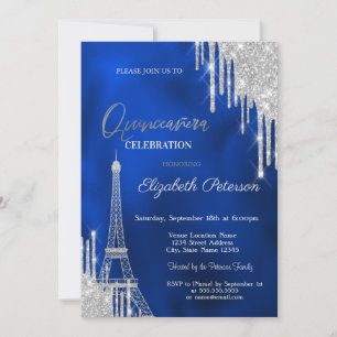 Glitter Drips, Eiffelturm königsblau Quinceañera Einladung