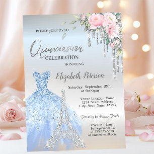 Glitter Drips,Kleid,Eiffelturm Rosen Quinceañera Einladung