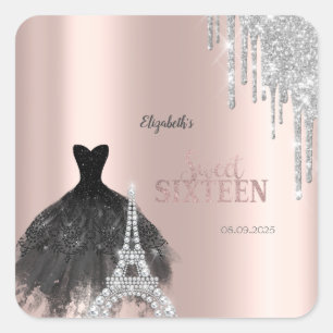Glitter Drips,Kleid,Eiffelturm Sweet 16 Quadratischer Aufkleber