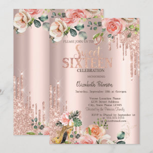 Glitter Drips Rose Gold High Heels Rosen Sweet 16 Einladung