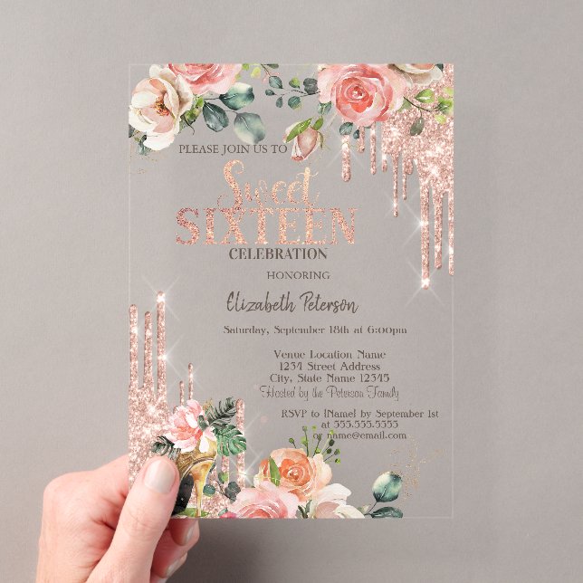 Glitter Drips Rose Gold High Heels Roses Sweet 16  Acryleinladungen (Insitu (Handheld))