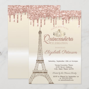 Glitter-Eiffelturm, Diadem, tropfende Quinceañera Einladung