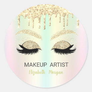Glitter Faux Wimpern, Gold Drips Holografisch Runder Aufkleber