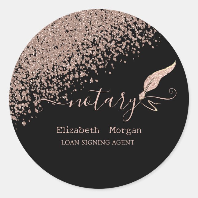  Glitter Feather Notary Rose Gold Diamonds Black Runder Aufkleber (Vorderseite)