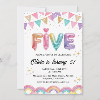 Glitter FIVE Girly Rainbow Sequin 5th Birthday Einladung