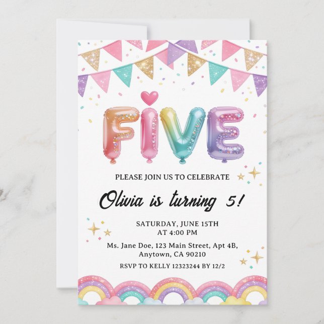 Glitter FIVE Girly Rainbow Sequin 5th Birthday Einladung (Vorderseite)
