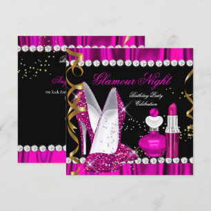 Glitter Glamour Nacht Tief Rosa Gold Schwarz Party Einladung