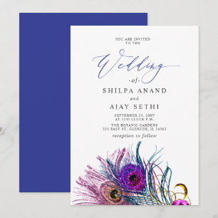 Glitter Gold Blau Lila Pfau Feder Hochzeit Einladung