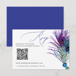 Glitter Gold Blue Purple Peacock Plume QR CODE RSVP Karte